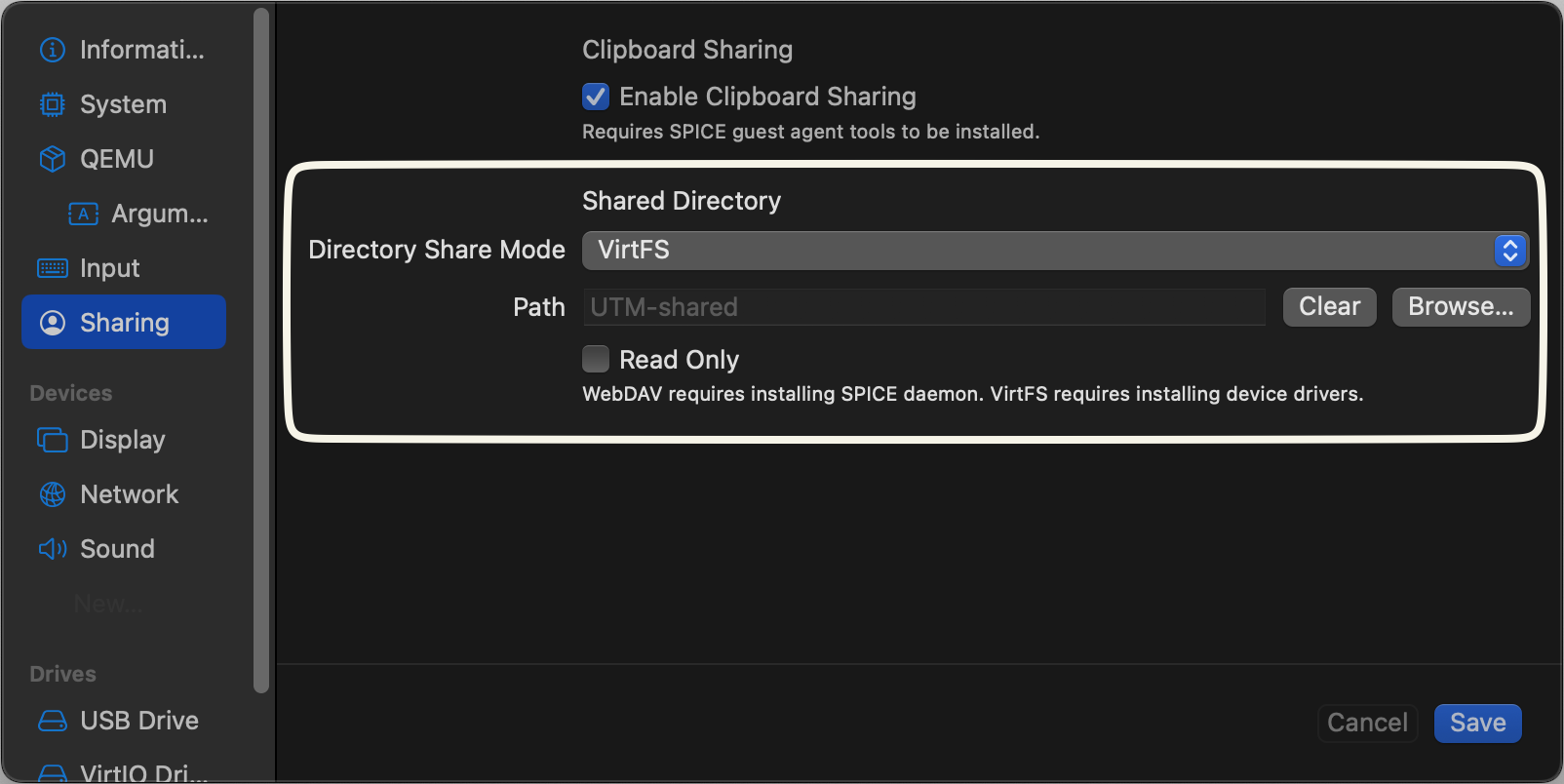 Sharing a folder in UTM: as easy as pie.